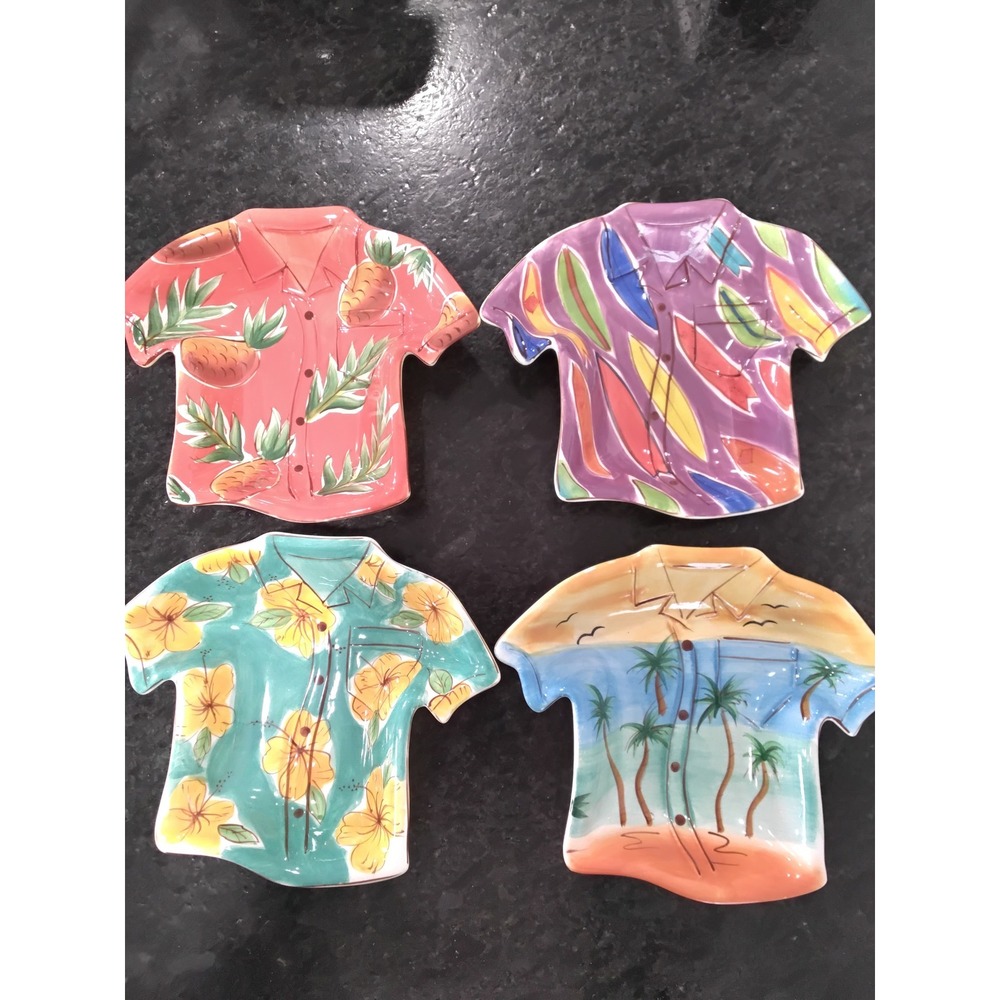 Clay Art Hawaiian Shirt Ceramic Appetizer Plates Set of 4 Tropical Luau Beach